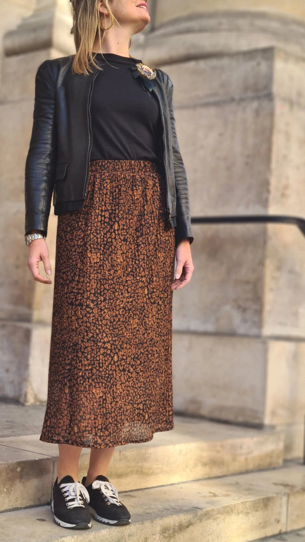 Jupe midi leopard taille elastique 